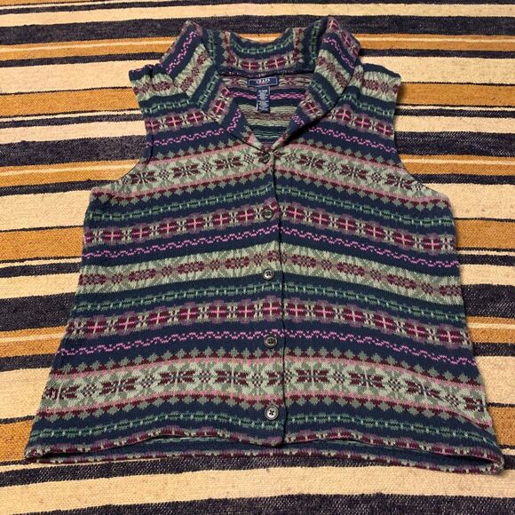 Vintage Chaps Vest Fair Isles Print Woven Knit XL Button Front Collared 90s - Picture 1 of 5